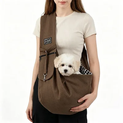 Pet Sling Carrier Polyester Quilted Water Resistant Shoulder Bag with Zipper Pocket and Metal Safety Hook for Cats and Small Dogs - Coffee