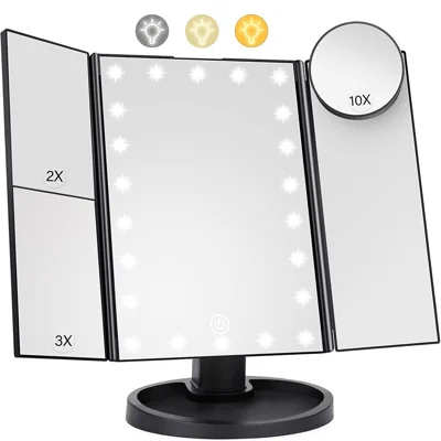 3 Side Foldable Makeup Mirror Dimmable Light 22LED Tabletop Vanity Mirror with Small Round Mirror - Black