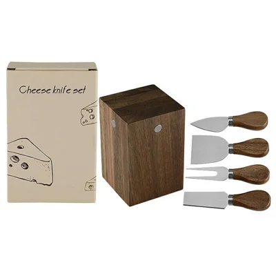 Ensemble de couteaux à fromage de cuisine 5 pièces, acier inoxydable 420, manche en bois d'acacia, kit d'outils de coupe avec support magnétique - Argent