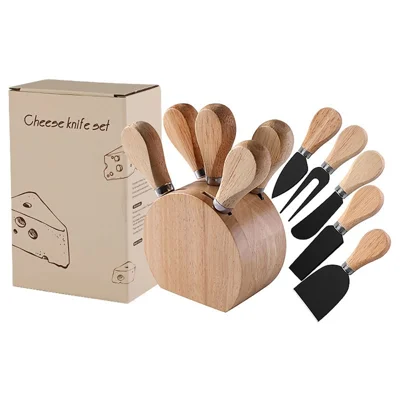 Conjunto de 6 Peças de Facas para Queijo em Aço Inoxidável com Cabo em Madeira de Borracha e Base de Armazenamento para Cozinha e Restaurante (Sem BPA, Sem FDA) - Preto