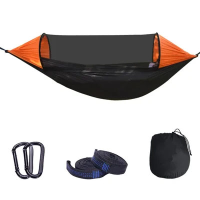 RYDC-012 280x140 cm Outdoor Quick Open Open 210T Nylon Hängematte Anti-rollover Camping Hanging Swing Bett Mit Reißverschluss Moskitonetz - Schwarz / Orange