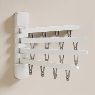 16 Clips 180 Degree Rotating Drying Rack Foldable HIPS + Stainless Steel No-Drill Wall Organizer - White