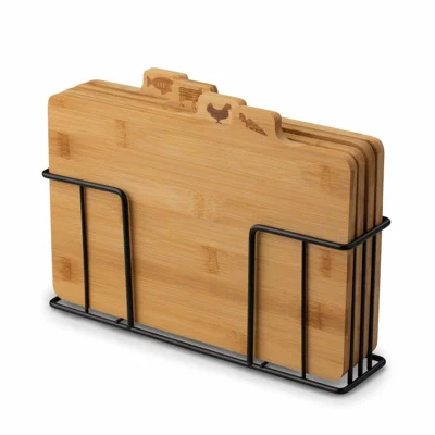 4Pcs Bamboo Cutting Board Set with Storage Rack Anti-Bacterial Non-Slip Kitchen Chopping Board for Food Preparation