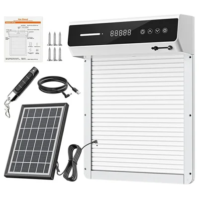 D1058 Automatyczna Bramka do Kurnika zasilana Energia Słoneczną, 5000mAh, Sterowanie Zdalne, System Chroniący Przed Zaciśnięciem, Otwór z Cyfrowym Wyświetlaczem dla Zwierząt - Biały