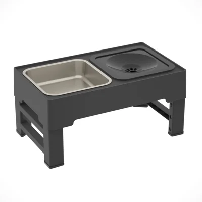 ELSPET Pet Feeding Station 1.6L Stainless Steel Bowl 4-Level Adjustable Floating Water Bowl Foldable Stand for Dogs and Cats - Black