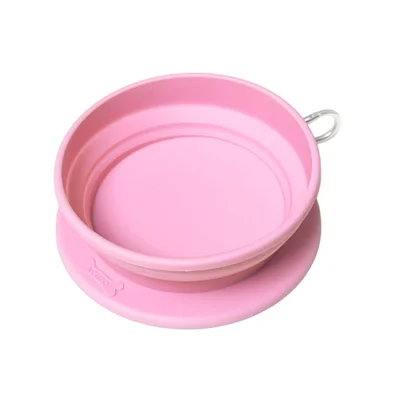 PY26018 Foldable Silicone Pet Bowl with Metal Carabiner for Dog Walking Camping Travel (BPA Free, No FDA) - Pink