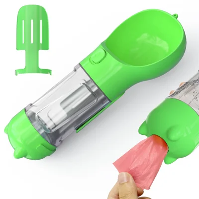 Botella de Agua Multifunción de 300 ml SH-01 para Perros con Dispensador de Bolsas para Excrementos, Ideal para Pasear, Hacer Senderismo, Viajar y Trayectos en Coche, Bebida para Mascotas (Sin BPA, Certificada CE/CPC/FDA/ROHS) - Verde