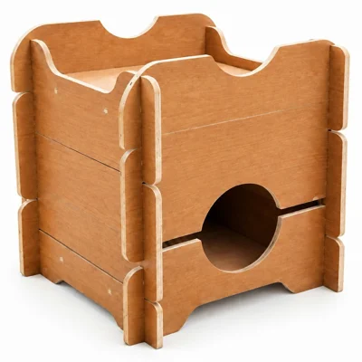 Maison à deux étages en bois pour chat avec plateforme d'observation supérieure, espace caché inférieur, assemblage sans outil par emboîtement, base surélevée sèche pour la maison - couleur bois de pêcher
