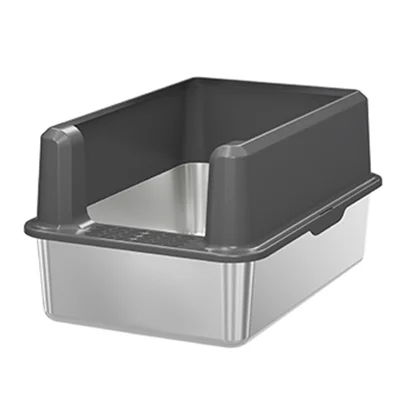 Grande Ouverture Boîte à Litière pour Chat Anti-éclaboussures en Acier Inoxydable + ABS - Gris Foncé
