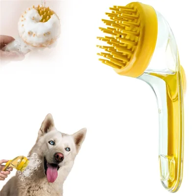 Pet Groomingborste med Långt Handtag, Vätskedispenser, Bad- och Massageverktyg för Hundar och Katter, Rengöring och Schamponering - Gul / Tjocka Borstar