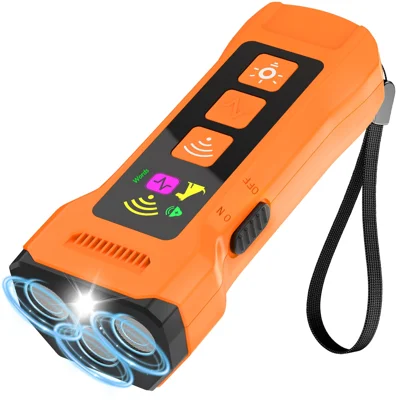 D900 3-Cabeças Frequência Variável Repelente Ultrasónico para Cães com Lanterna LED, Dispositivo de Treino Anti-Latidos - Laranja