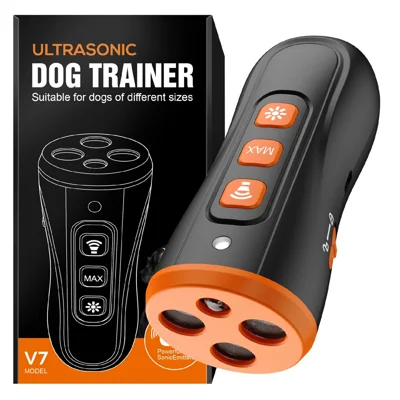 Dispositivo Portátil de Treino para Cães V7 com 3 Emissores Ultrassónicos, Dispositivo de Controlo de Latidos, com Luz LED - Laranja Preto