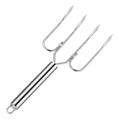 Tenedor de Acero Inoxidable con Cuatro Puntas en Forma de U, Brocheta Afilada Antideslizante para Asar Pavo, Ideal para Barbacoa y Asados (Sin BPA, Sin FDA)