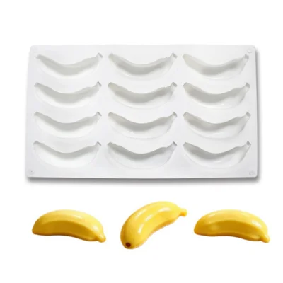 TC2604 Molde de Silicona con 12 Cavidades en Forma de Plátano, Grado Alimenticio, Herramienta para Repostería de Mousses y Pasteles (Sin BPA, Sin FDA) - Blanco