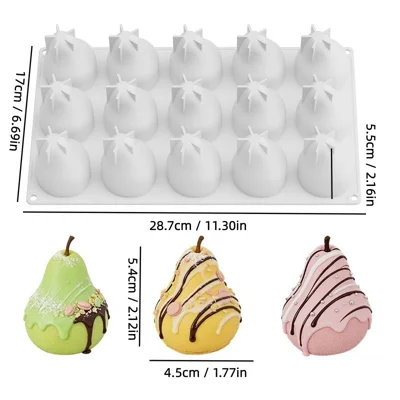 TC2606 Molde de Silicona en Forma de Pera de 15 Cavidades, Molde para Pasteles de Grado Alimenticio para Mousse, Gelatina, Chocolate, Herramienta de Repostería DIY (Sin BPA, Sin FDA) - Blanco