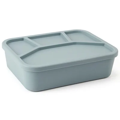 1160ml 4-Compartments Silicone Lunch Box with Lid Microwave Safe Portable Food Container for School Office (BPA Free, No FDA) - Grey Blue