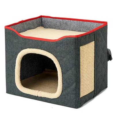 QS-101 Foldable Square Cat Sleeping House Scratcher Design Double Layer Semi-enclosed Kennel Pet Gift Home - Dark Grey
