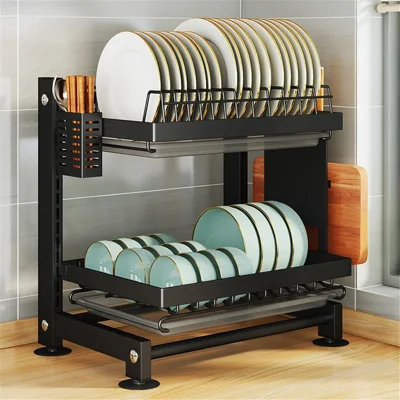 006-WDJ-6788-2BK 2 Tier Dish Drainer Rack Kitchen Countertop Bowl Plate Holder with Drip Tray