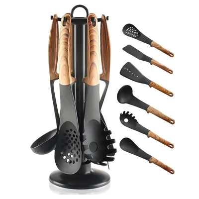 7Pcs / Set Heat Resistant Nylon Kitchen Utensil Set with Ladle Spatula Pasta Server and Storage Rack (BPA Free, No FDA)