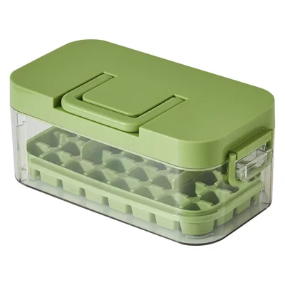 Portable 32 Grids Ice Cube Tray with Lid One Press Release Easy Demold Ice Maker Box (BPA Free, No FDA) - Green
