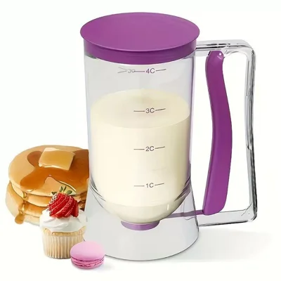 1000 ml pannenkoekbeslagdispenser van PP + PS met maatverdeling en drukklep met handvat voor bakken (BPA-vrij, gecertificeerd door FMC) - Paars