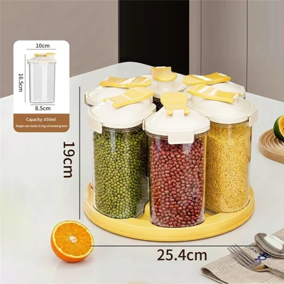 6Pcs Rotating Clear Food Storage Jar Clear Grain Containers with 360 Degree Base Fresh-Keeping Box for Kitchen Organization (BPA Free, No FDA) - Yellow