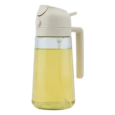 600ml 2 in 1 Heat Resistant Glass Oil Sprayer Leak Proof Press Type Oil Dispenser Bottle for Kitchen (BPA Free, No FDA) - Beige