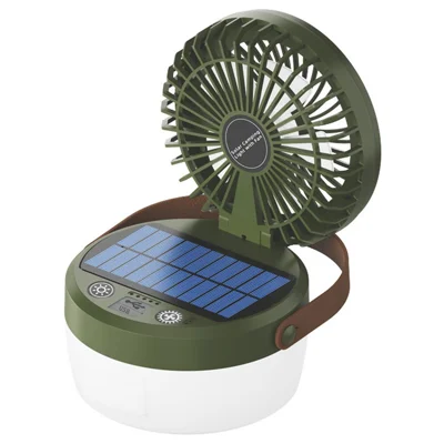Ventilateur solaire pour camping 3 en 1, lanterne LED extérieure avec banque d'alimentation 3000 mAh - Vert armée