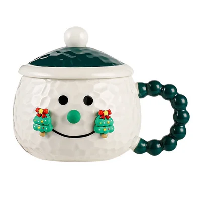 Mug en céramique créatif avec motif de dessin animé de Noël et couvercle, 420 ml, tasse à café pour cadeau de fête - Vert