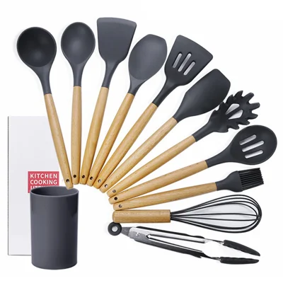 kn020 11Pcs Silicone Cooking Utensil Set with Holder Wooden Handles Kitchen Gadgets (BPA-Free, FDA Certification)