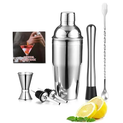 7Pcs Cocktail Shaker Set 25oz Stainless Steel Bar Bartender Jigger Muddler Bar Spoon Pourers Recipe Book Tools Kit