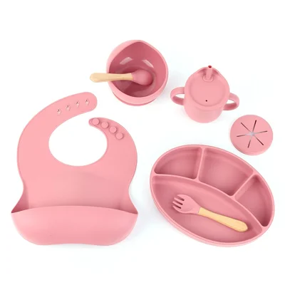 ZP0121 7Pcs Silicone Baby Feeding Set Toddler Self Feeding Dish Set (BPA Free / FDA Certificated) - Dark Red