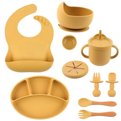 ZP-0008 9Pcs / Set Silicone Baby Feeding Kit Suction Bowl Spoon Fork Cup Bib Tableware Set (BPA-Free, FDA Certified) - Yellow