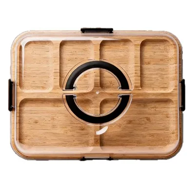 Bandeja multifuncional para frutas con tapa, bandeja de servicio de bambú con 6 compartimentos para camping al aire libre y picnic (sin BPA, sin FDA) - Color natural