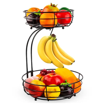 2-Tier Iron Fruit Storage Rack Detachable with Banana Hook Anti-Slip Base Basket Stand for Living Room Kitchen - Black