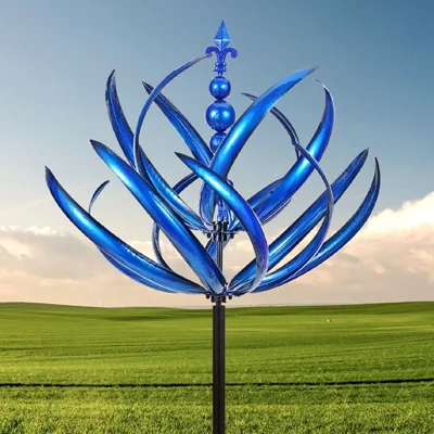 Metal Garden Wind Spinner Outdoor Yard Art Kinetic Sculpture Halow Twirler Iron Windmill with Ground Stake - Blue