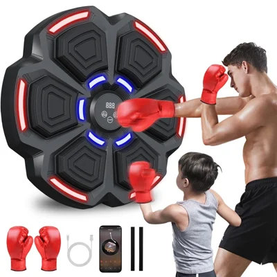Smart Boxing Trainer with Boxing Gloves Wall Mounted Music Boxing Target Digital Punching Equipment (The Pattern on the Gloves is random)