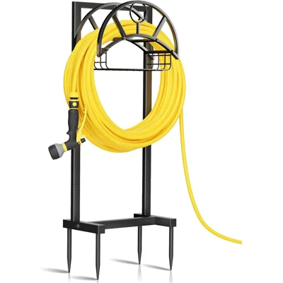 Soporte para Manguera de Jardín con Capacidad de 150 FT, Estructura Metálica a Prueba de Óxido con Cesta de Almacenamiento para Patio Exterior - Negro