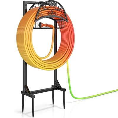 Soporte para Manguera de Jardín con Cesta de Almacenamiento, Capacidad de 150 pies, Estante para Manguera para Patio Exterior - Negro