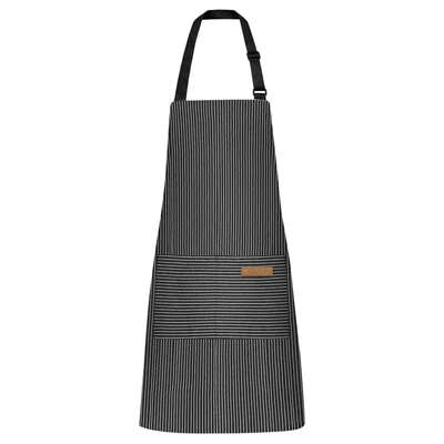 Adjustable Striped Halter Neck Apron with 2 Pockets for Kitchen Restaurant Gardening Cafe - Black Thin Stripe