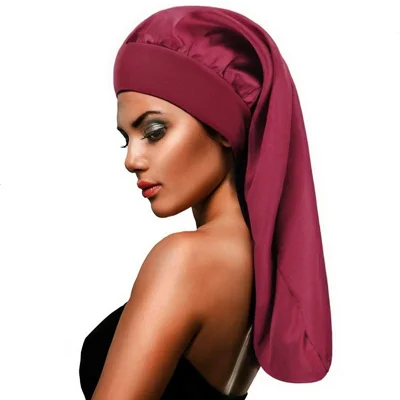 High Elasticity Wide Band Satin Sleep Cap for Women Long Hair Care Bonnet - Red