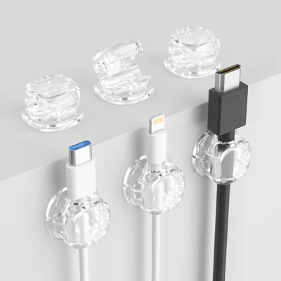 6 pièces d'organiseur de câbles pour bureau avec mécanisme à ressort, diamètre de fil 0-7 mm, clips de fixation en ABS avec adhésif fort transparent blanc