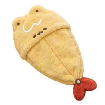 60 x 35cm Hair Drying Cap Cute Shrimp Tail Design Coral Fleece Thickened Super Absorbent Quick Dry Towel - Yellow