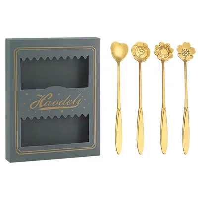4PCS / Set 17.6-17.8cm Stainless Steel Flower Shape Spoons Tableware Teaspoon Dessert Coffee Spoon for Mixing Stirring - Green  /  Gold