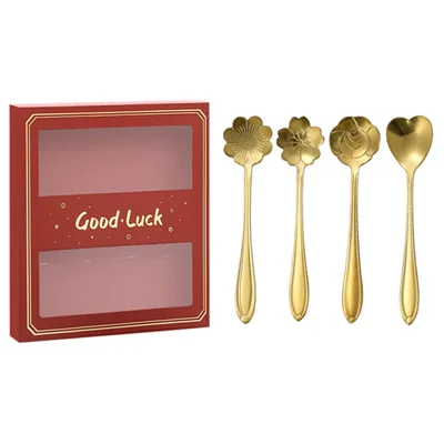 4PCS / Set 12.4-12.6cm Stainless Steel Flower Shape Spoons Coffee Mixing Ice Cream Dessert Spoons - Red  /  Gold