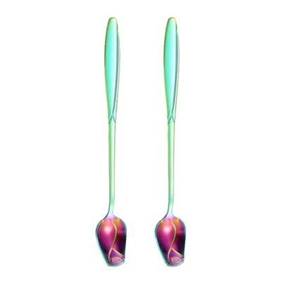 2Pcs Rose Flower Stirring Spoon Set Stainless Steel Ice Cream Spoon, Multi-color (BPA Free, No FDA) - 15.2x2.2cm