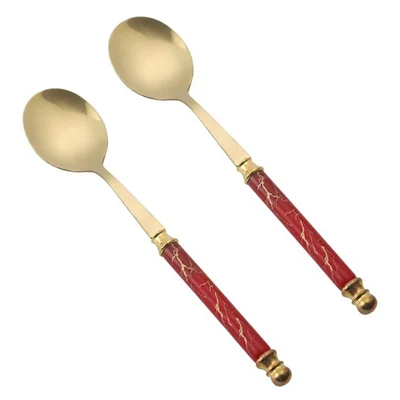 2Pcs Imitation Ceramic Handle Spoon Stainless Steel Soup Dessert Spoon (BPA Free, No FDA Certificate) - Red