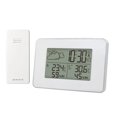 FJ3364 Weather Station Digital Alarm Clock Wireless Sensor Hygrometer Thermometer LCD Desktop Multi-function Clocks with Calendar - White