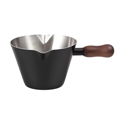 Verre à espresso en acier inoxydable avec manche en noyer, 200 ML, tasse à mesurer avec bec verseur et échelle pour barista - Noir