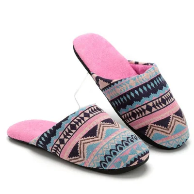 Bohemian Geometric Indoor Slippers 2cm Heel Cotton Fabric Artificial Short Plush Lining Home Shoes - Rose Inner / 36